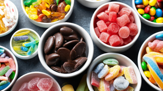 Bowls brimming with various colorful candies and chocolate drops creating a vibrant, sweet display, perfect for indulgence