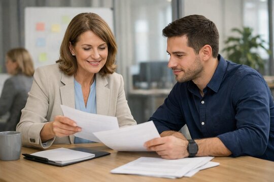 Professional reviewing onboarding documents with new employee