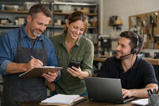 Service business team coordinating tasks in authentic workspace