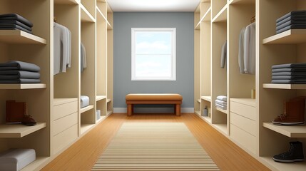 Fototapeta premium Spacious and Modern Walk-in Closet Interior with Organized Shelves, Comfortable Bench, and Soft Natural Light Streaming Through the Window