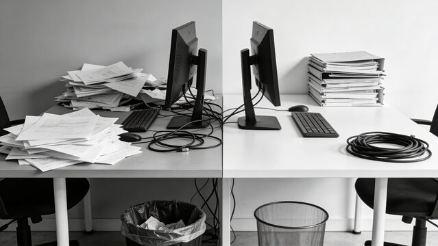 Cluttered vs organized office workspace messy and clean desks with computers papers and trash cans contrasting productivity environments
