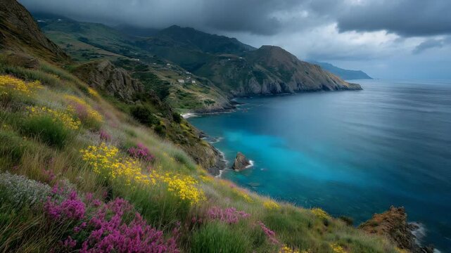 Timelapse of a dramatic coastal cliff with vibrant wildflower fields, dark storm clouds, and vivid blue ocean, capturing the dynamic beauty and changing mood of nature