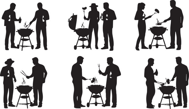 Silhouette vector illustrations of people grilling and socializing around barbecues