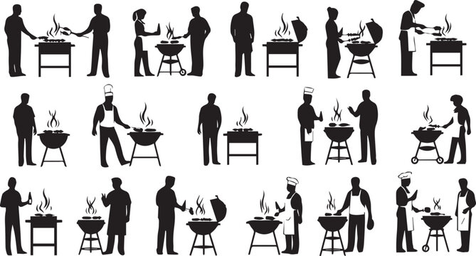vector illustration of diverse people grilling and socializing around barbecues