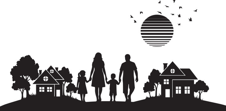 family silhouette walking towards sunset with birds in vector flat design