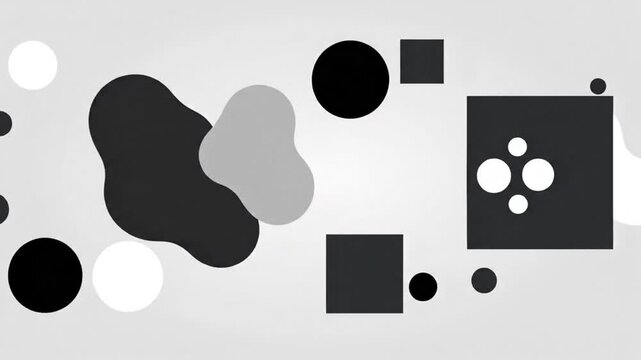 A minimalist abstract motion graphic featuring smooth, organic blobs and geometric shapes in grayscale tones.