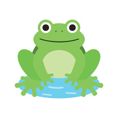 Fototapeta premium Illustration of a cute green frog sitting on a blue lily pad on a white background