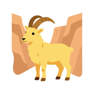 Stylized illustration of an ibex standing between two canyon walls on a white background