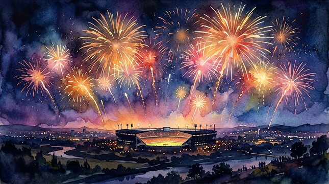 Watercolor Fireworks Over Stadium at Night