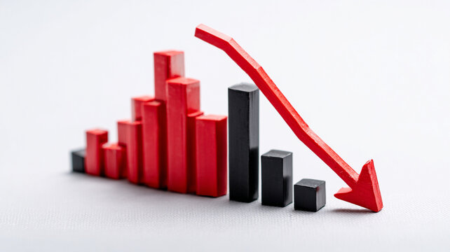Bar graph with red and black bars shows downward trend, highlighted by red arrow indicating losses. image conveys sense of financial decline or negative performance