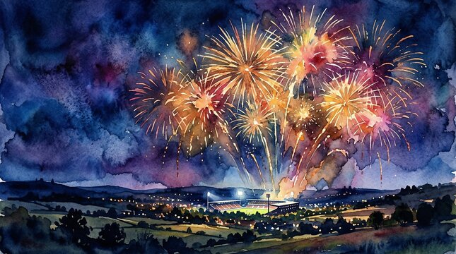 Watercolor Fireworks Display Over Night City Landscape