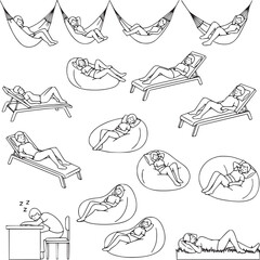 Obraz premium Minimalist line art people relaxing set, 15 black and white vector icons of characters resting in hammocks and bean bags, simple doodle style leisure collection