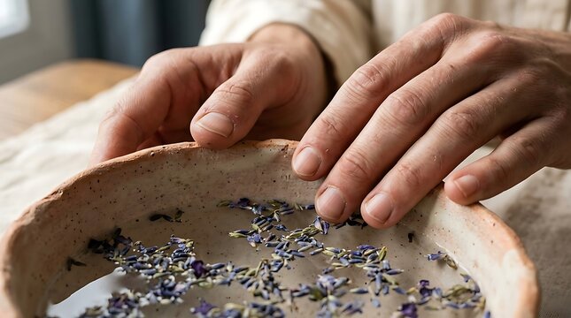 Extreme close-up of two hands gently resting on a smooth raw ceramic bowl filled with lukewarm water and floating dried lavender petals, sensory self care