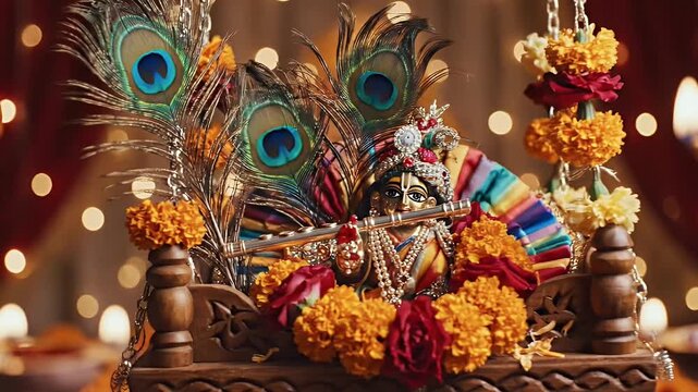 Beautifully Decorated Jhula Cradle with Peacock Feathers and Flute Symbol for Krishna Janmashtami Festival Celebration, Traditional Hindu Religious Decor