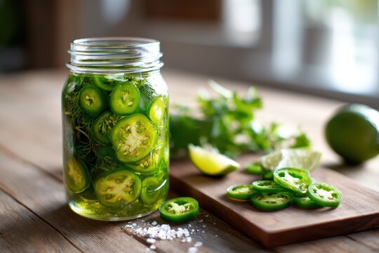 Close-up of vivid green pickled jalape&Atilde;&plusmn;os in brine with a simple garnish and natural light
