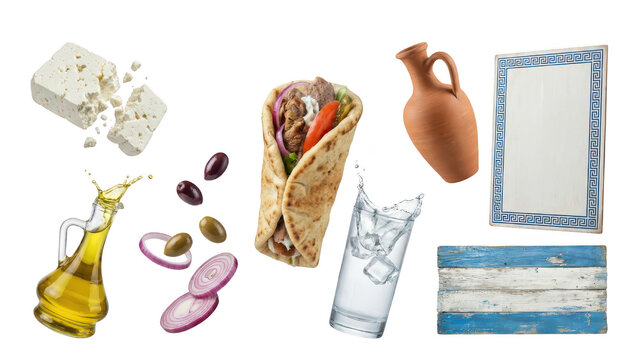 Greek Food Still Life on White: Gyro, Feta, Olive Oil, and Traditional Elements