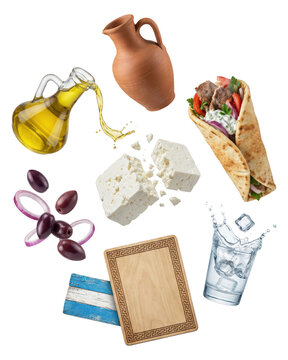 Greek Cuisine Still Life with Olive Oil, Feta, and Gyro