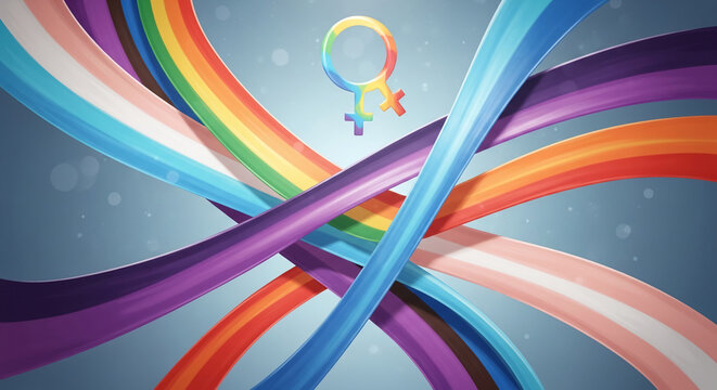 Abstract image with gender symbols and rainbow stripes, representing pride and diversity, ideal for themes related to inclusivity and identity