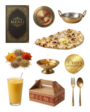 Indian Cuisine Still Life: Naan, Curry, and Mango Lassi on White