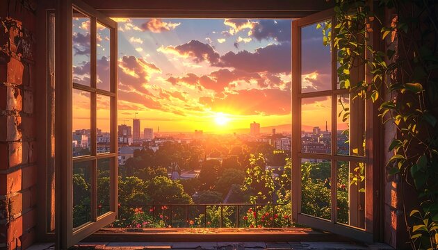 A serene cityscape at sunset viewed through an open window