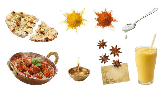 Indian Cuisine Composition: Naan Bread, Curry, Mango Lassi, and Spices on White