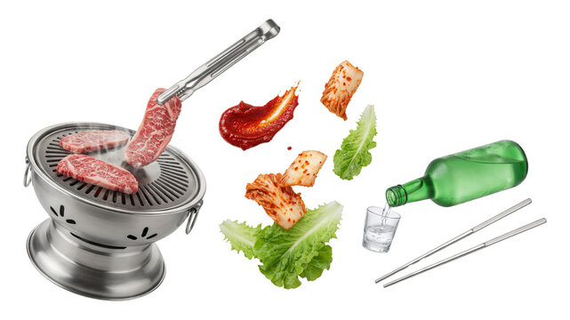 Korean BBQ Elements: Grill, Meat, Kimchi, & Soju