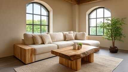 Fototapeta premium Modern living room interior with beige sectional sofa, wooden coffee table, and large windows showcasing greenery outside for a serene atmosphere