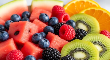 Obraz premium A delicious fresh fruit salad in a white bowl features a healthy mix of strawberries, blueberries, raspberries, and kiwi for a sweet and nutritious breakfast dessert