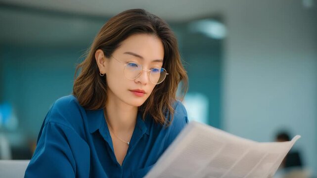 Asian businesswoman at an office desk seriously reading a document, symbolizing professionalism, concentration, and corporate responsibility in a modern workplace