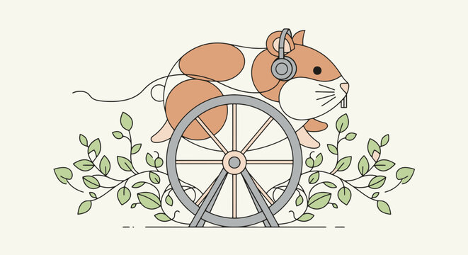 Brown and white guinea pig running in a wheel with headphones surrounded by decorative leaves in cartoon style vector illustration