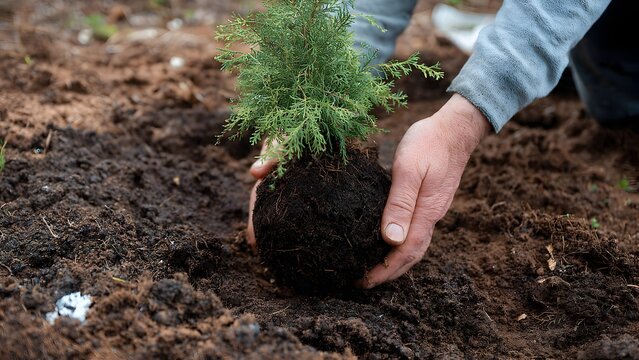 planting a young evergreen shrub with a root ball wrapped in soil into a freshly dug hole in a garden bed