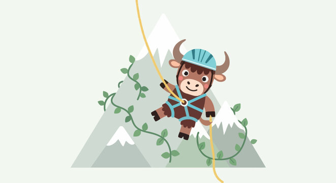 Cartoon climbing yak rappelling down mountain peak on rope illustration; cute mountaineer climber with helmet and harness on background