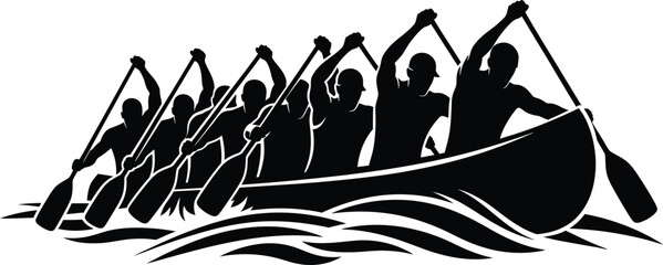 Black silhouette of rowers in a canoe on water silhouettes white background © Arifa