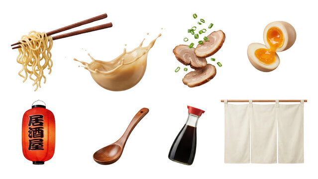 Ramen Ingredients and Elements Isolated on White