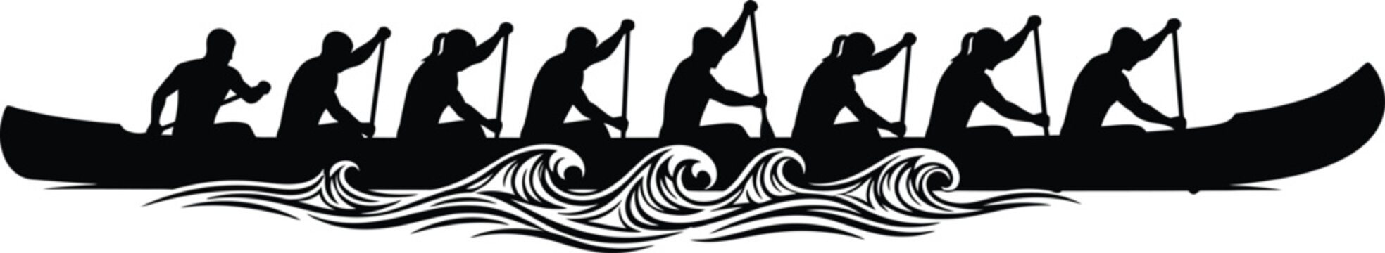Black silhouette of people rowing a boat on wavy water silhouettes