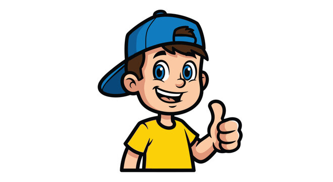 Cartoon boy wearing blue baseball cap and yellow shirt giving thumbs up child