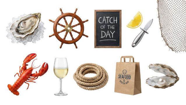 Seafood Still Life: Oyster, Lobster, Wine, and Nautical Elements on White