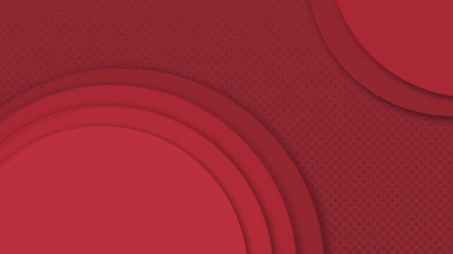 A modern, abstract motion graphic featuring deep red concentric circles that animate and overlap, creating a dynamic 3D paper-cut effect over a subtle halftone dot pattern.