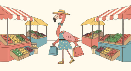 Flamingo character shopping at a vibrant outdoor farmers market with fresh produce stands wearing summer dress and hat in cartoon style © Suci
