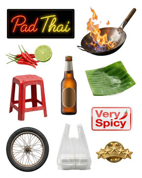 Spicy Pad Thai Ingredients and Utensils on White: Authentic Thai Cuisine