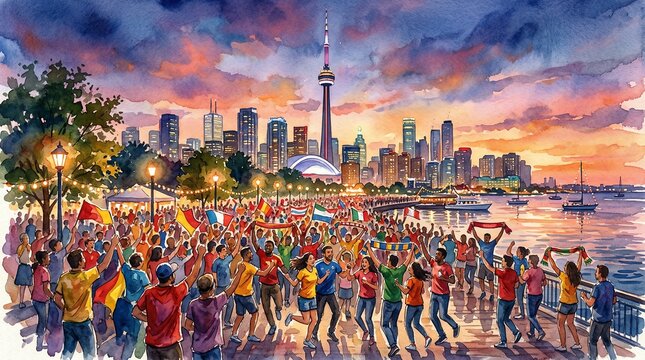 Watercolor Painting of Toronto Skyline with Crowds Celebrating