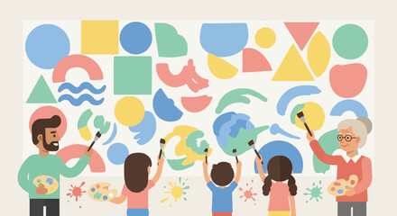 Group of diverse people painting colorful geometric shapes on a large canvas in a cartoon style creating a vibrant mural with fun activity © Suci