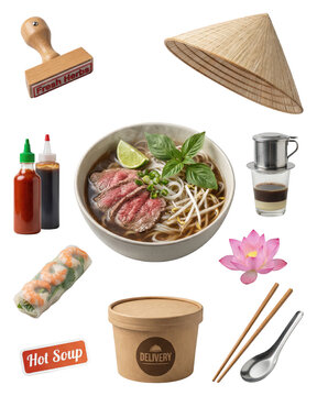 Vietnamese Pho and Spring Rolls Still Life: Traditional Asian Cuisine