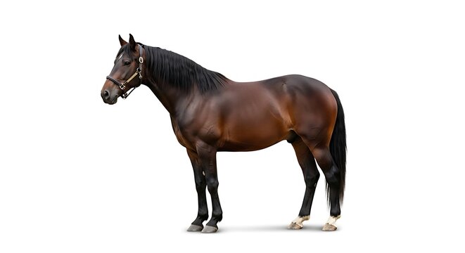 Brown horse standing isolated on white background