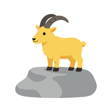 Cartoonish golden chamois standing proudly on a gray rock with a white background
