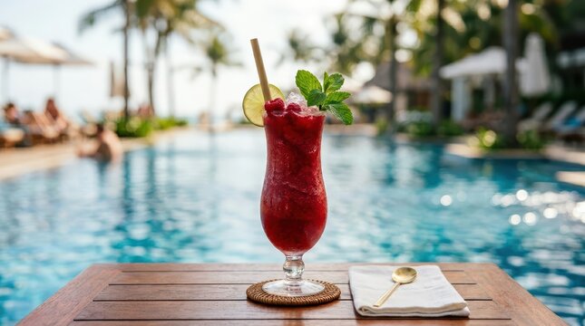 Berry frozen drink placed on table beside swimming pool