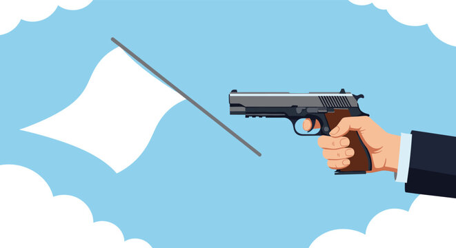 Hand in a dark business suit holding a handgun aimed directly at a white flag representing surrender and peace.