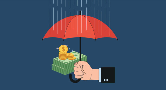 Hand in a suit holding a red umbrella to protect a stack of money and gold coins from the falling rain.