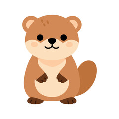 Fototapeta premium Cute cartoon otter with brown fur and oval shaped body stands on a white background