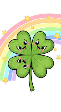 Animated green four-leaf clover with smiling faces, set against a rainbow and yellow stars, symbolizing luck, happiness and positive emotion